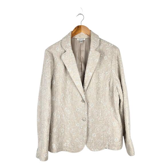 Coldwater Creek Beige Floral Embroidered Linen Blend‎ Two-Button Blazer Size XL - Picture 1 of 10